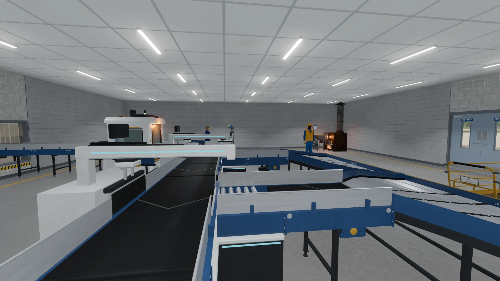 Conveyors, a hold-baggage scanner and staff inside the baggage hall
