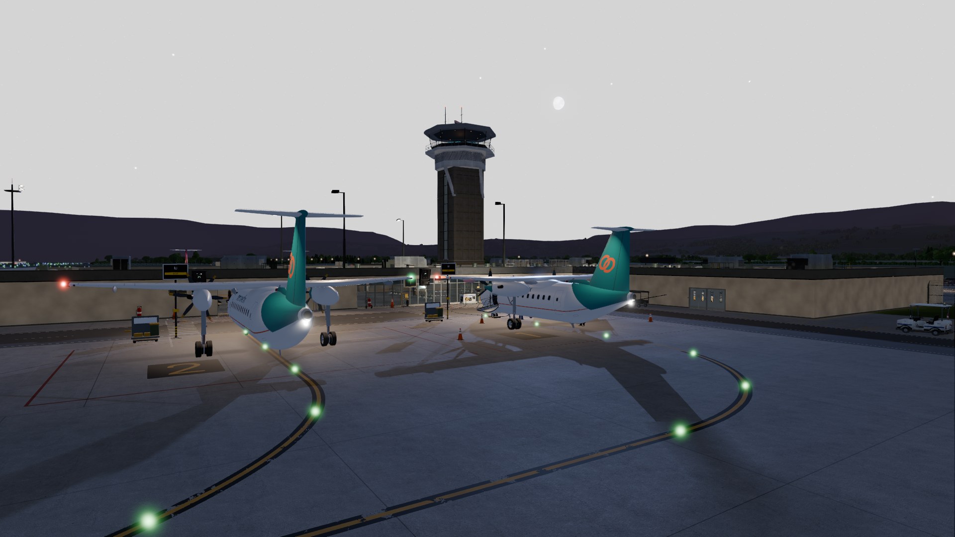 The airport illuminated after dark