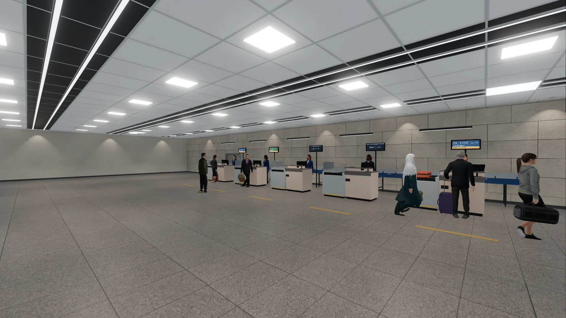 Passengers with luggage at staffed check-in desks inside the Terminal